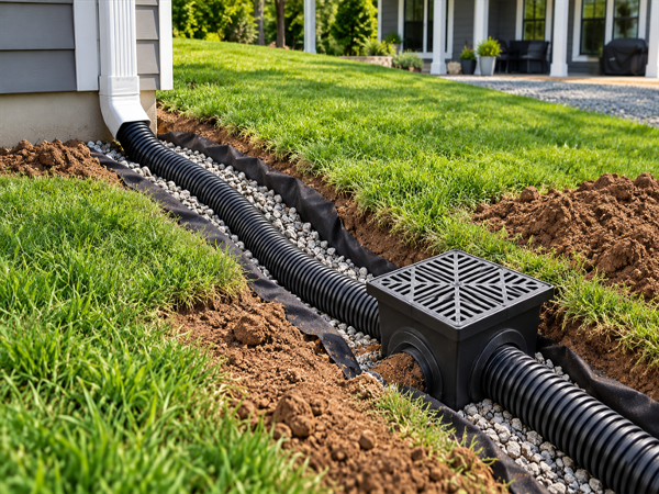 Downspout connected to an underground drainage line
